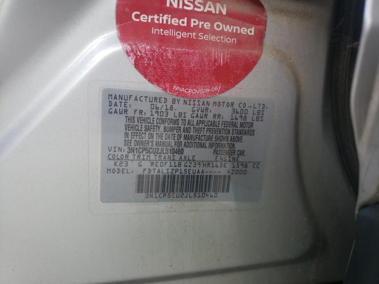 2018 Nissan Kicks S VIN: 3N1CP5CU2JL510460 Lot: 68532064