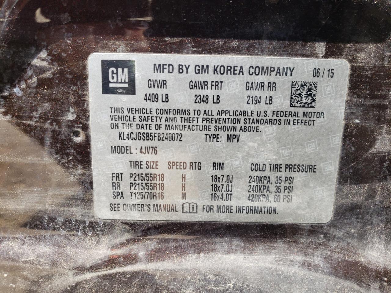 2015 Buick Encore VIN: KL4CJGSB5FB240072 Lot: 68060164