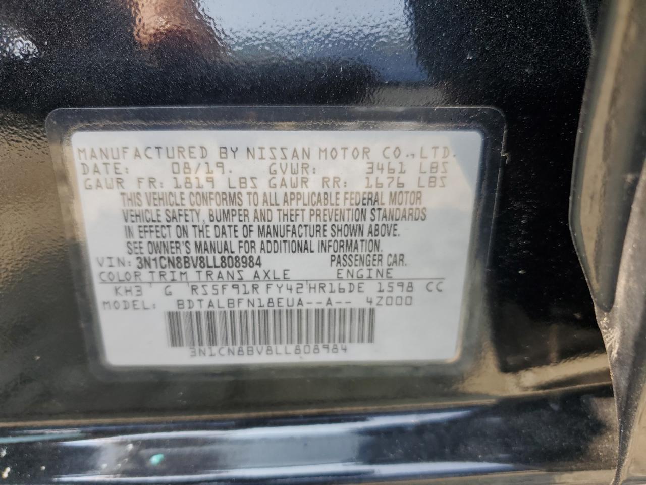 3N1CN8BV8LL808984 2020 Nissan Versa S