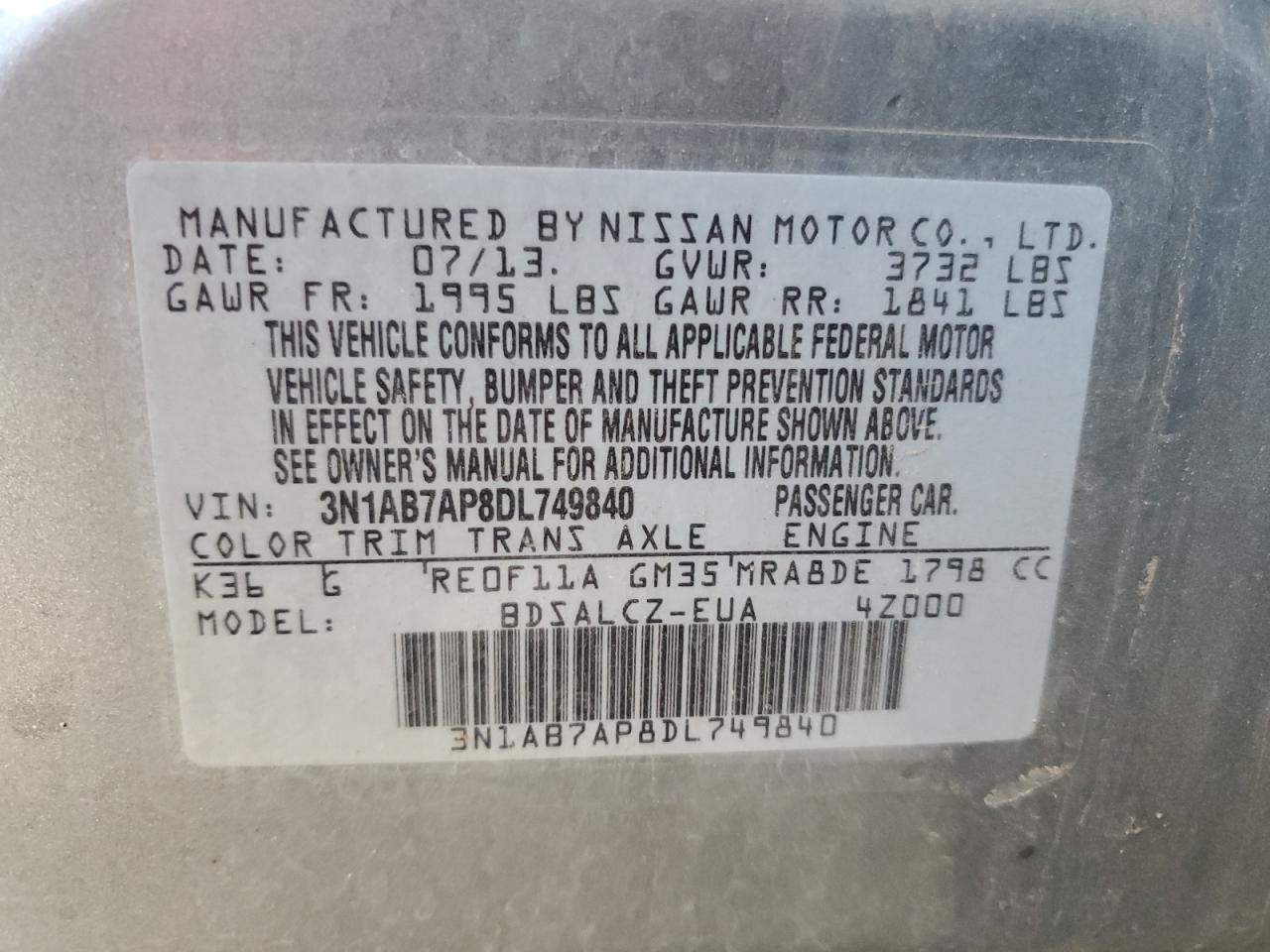 3N1AB7AP8DL749840 2013 Nissan Sentra S