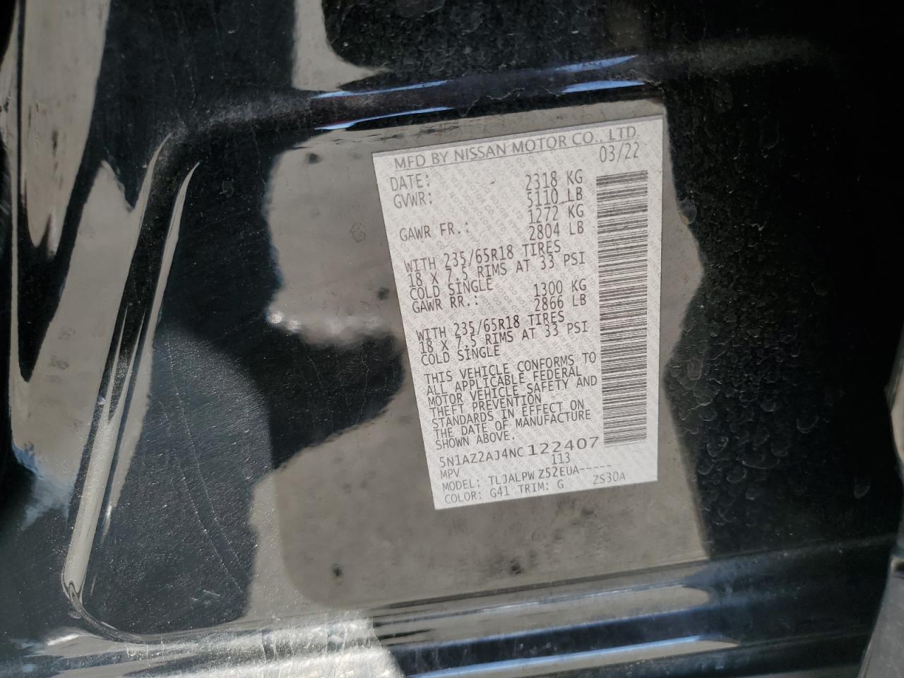 2022 Nissan Murano S VIN: 5N1AZ2AJ4NC122407 Lot: 66376654