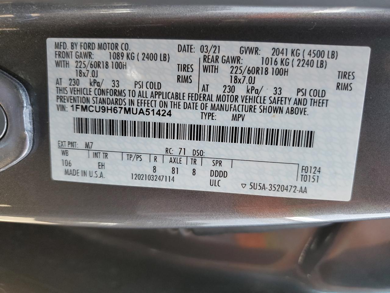 2021 Ford Escape Sel VIN: 1FMCU9H67MUA51424 Lot: 68169344