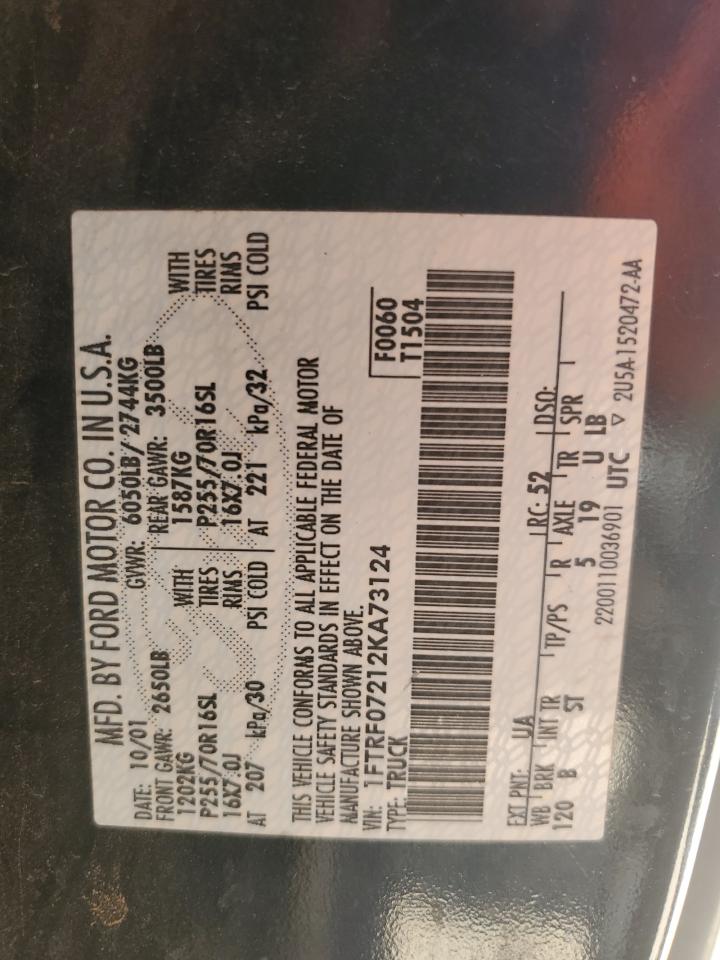 2002 Ford F150 VIN: 1FTRF07212KA73124 Lot: 67555764