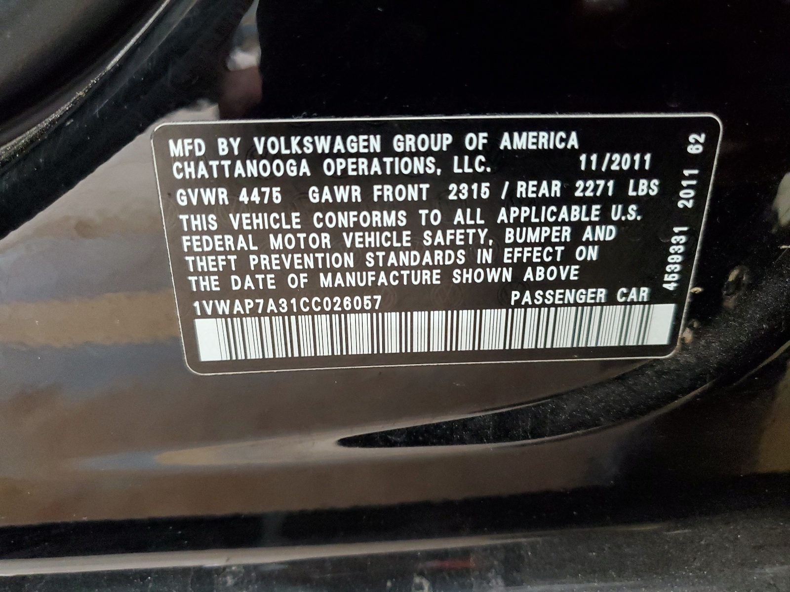 1VWAP7A31CC026057 2012 Volkswagen Passat S
