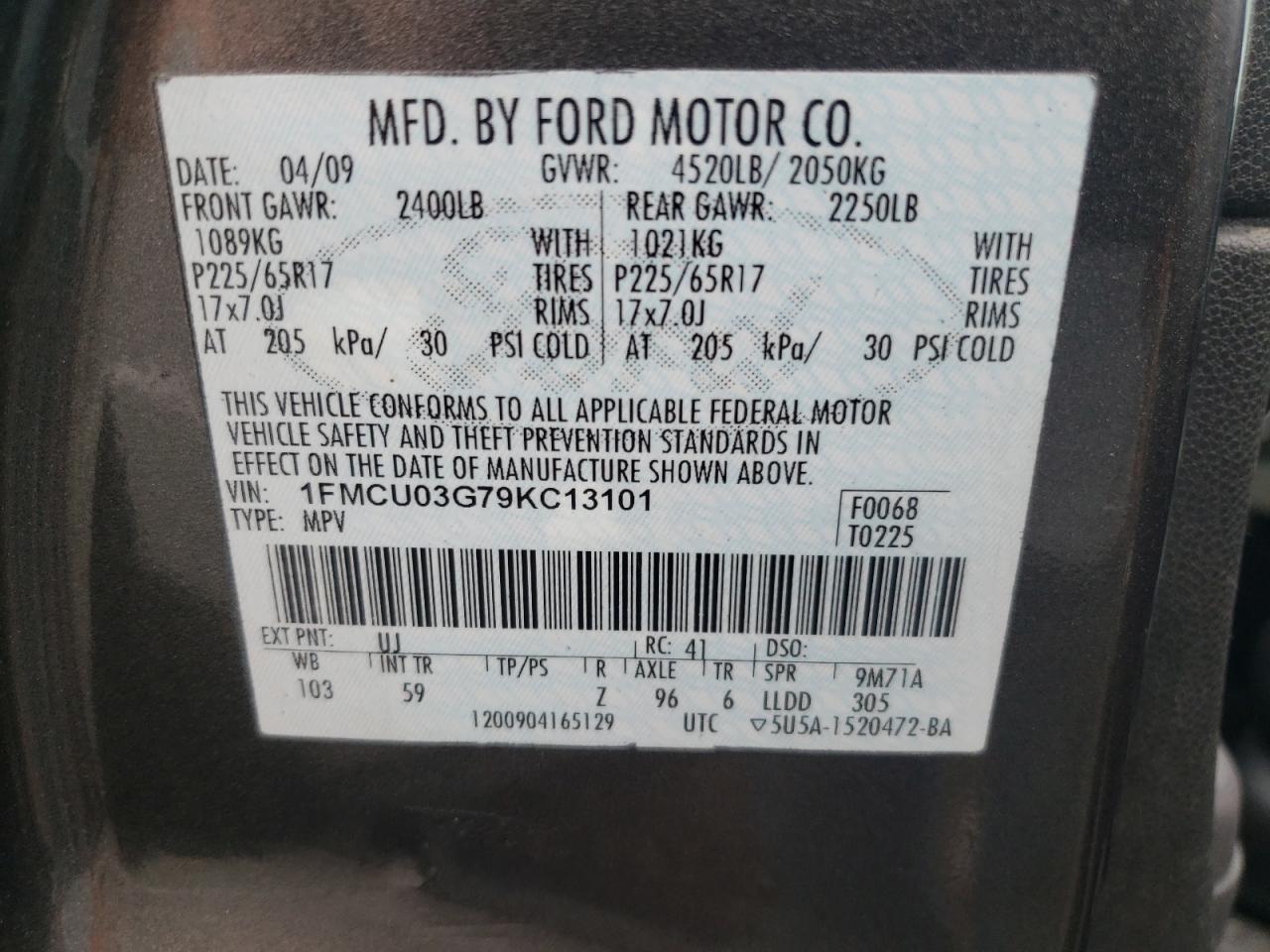 1FMCU03G79KC13101 2009 Ford Escape Xlt