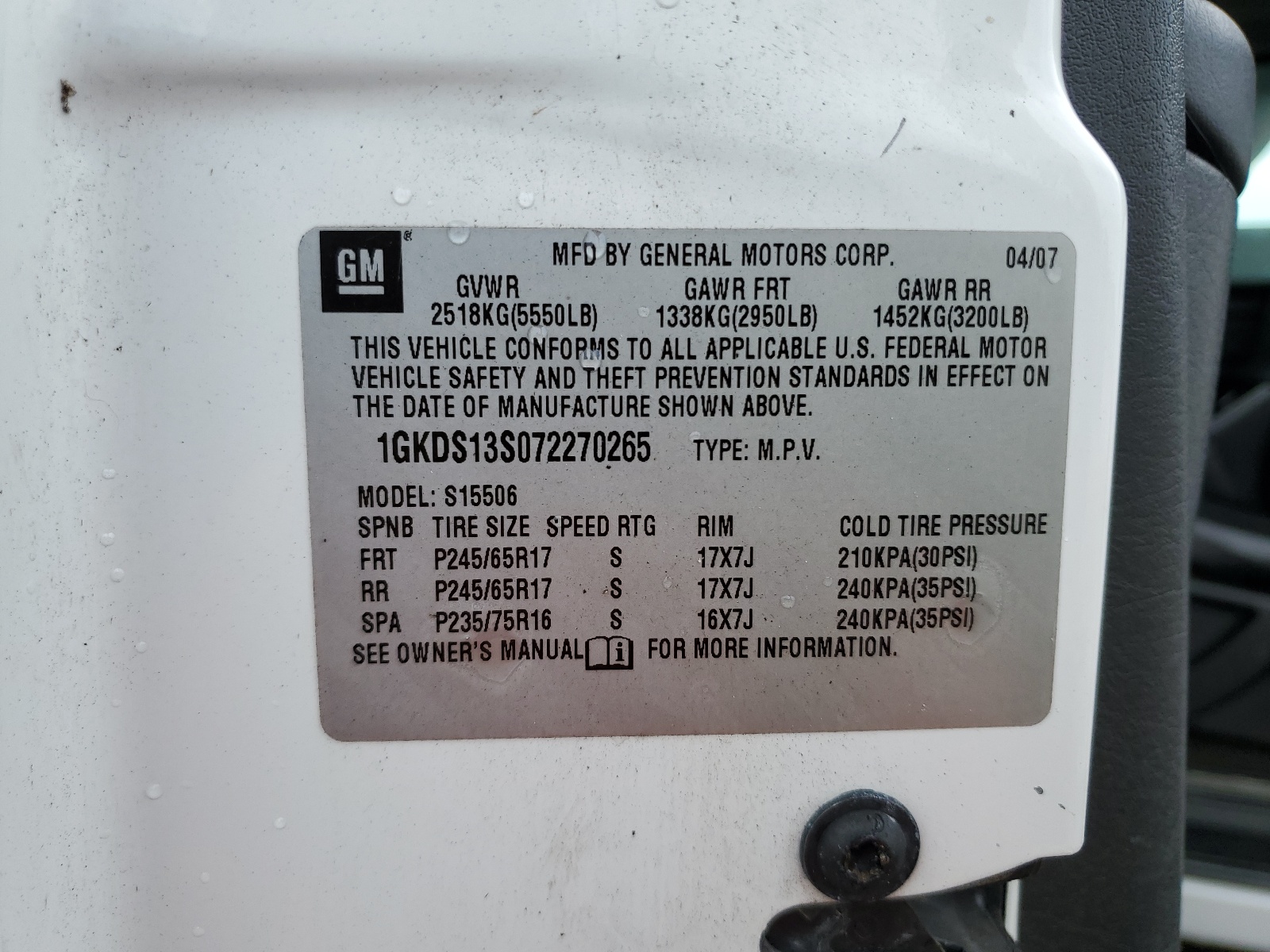 1GKDS13S072270265 2007 GMC Envoy