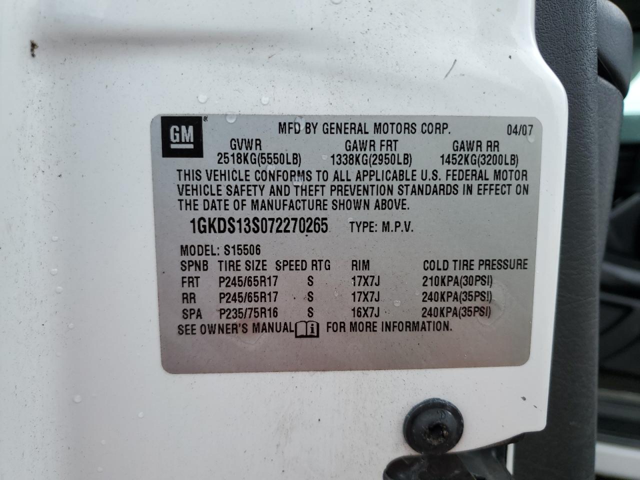 2007 GMC Envoy VIN: 1GKDS13S072270265 Lot: 66098724