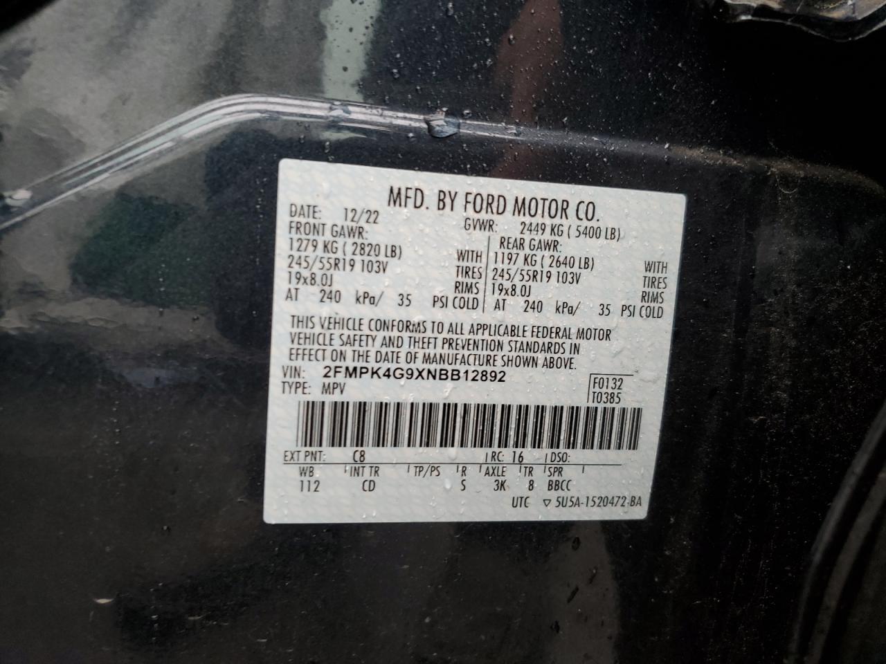 2022 Ford Edge Se VIN: 2FMPK4G9XNBB12892 Lot: 65671544