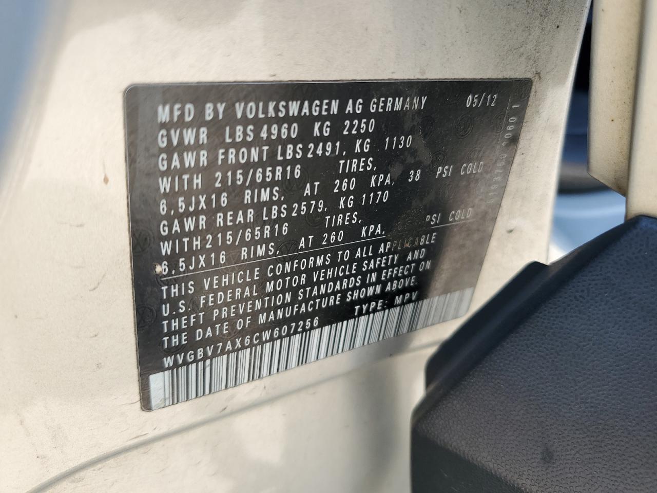 WVGBV7AX6CW607256 2012 Volkswagen Tiguan S