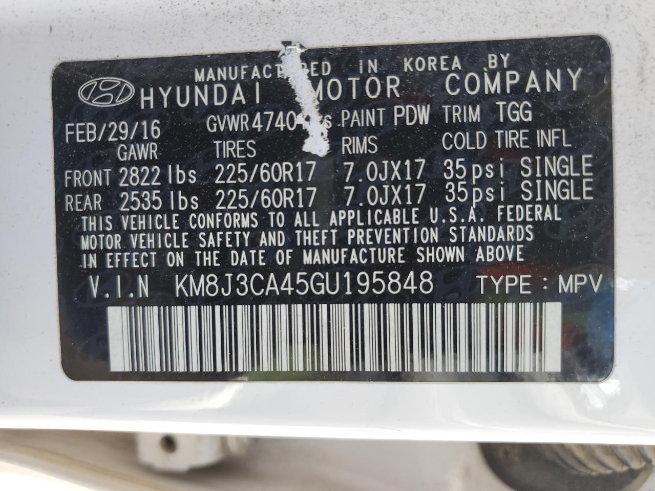 KM8J3CA45GU195848 2016 Hyundai Tucson Limited