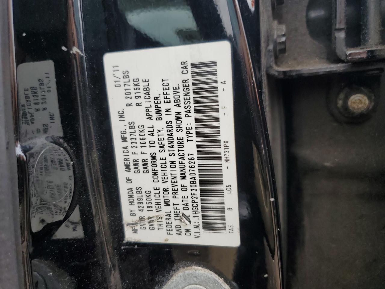 1HGCP2F30BA076287 2011 Honda Accord Lx