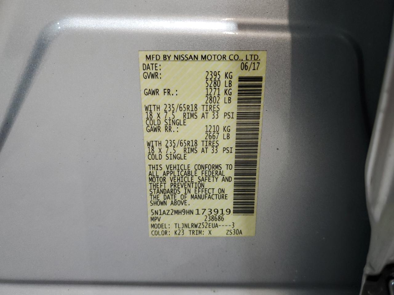 2017 Nissan Murano S VIN: 5N1AZ2MH9HN173919 Lot: 67714394