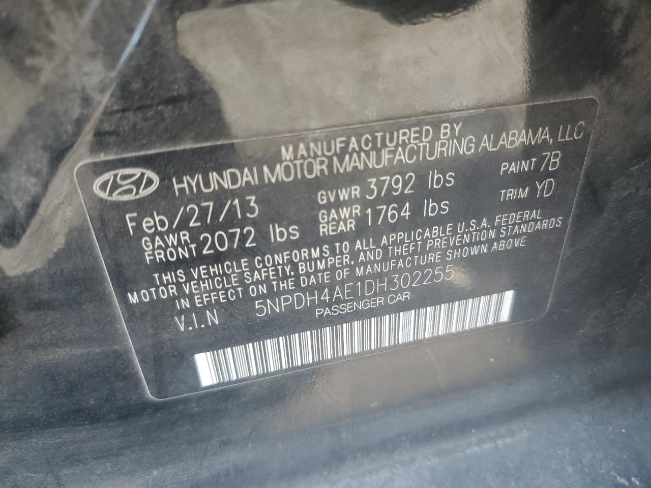 5NPDH4AE1DH302255 2013 Hyundai Elantra Gls