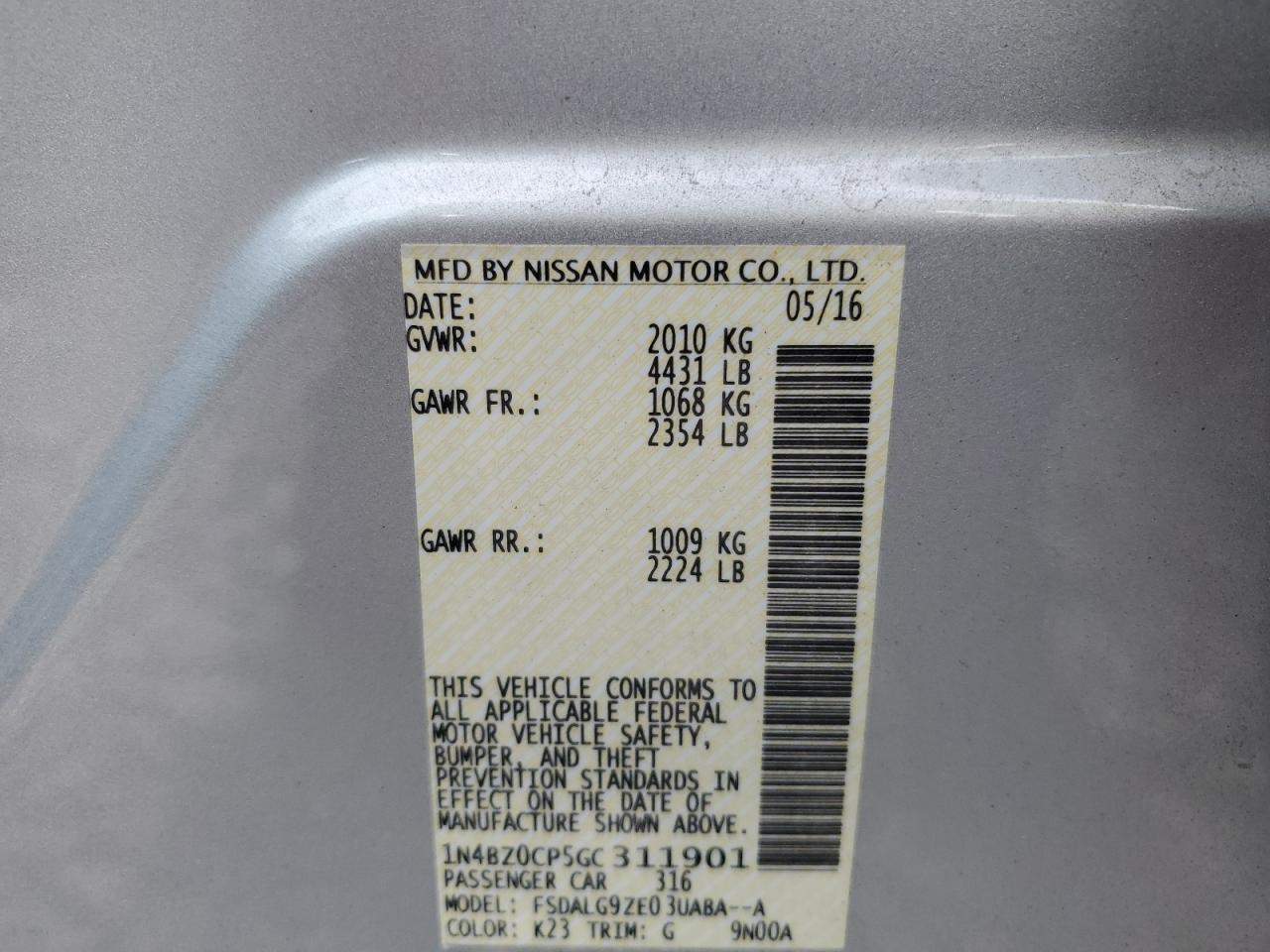 1N4BZ0CP5GC311901 2016 Nissan Leaf Sv