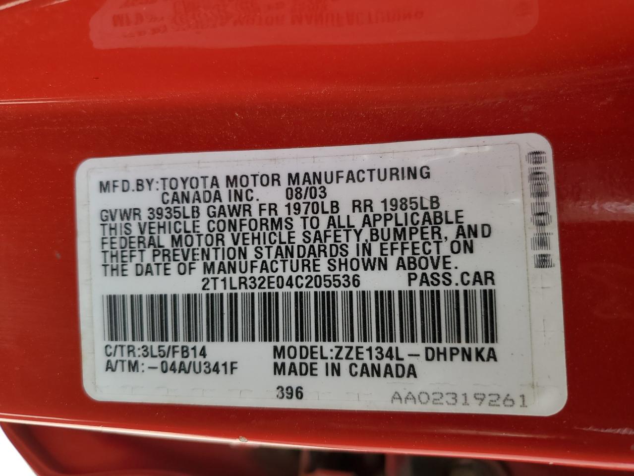 2004 Toyota Corolla Matrix Base VIN: 2T1LR32E04C205536 Lot: 68483894