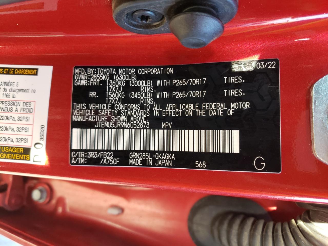 2022 Toyota 4Runner Sr5/Sr5 Premium VIN: JTEMU5JR9N6052873 Lot: 69047244