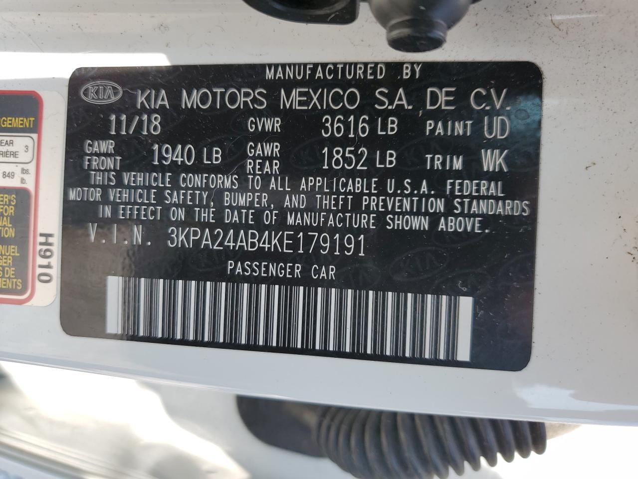 2019 Kia Rio S VIN: 3KPA24AB4KE179191 Lot: 66333984