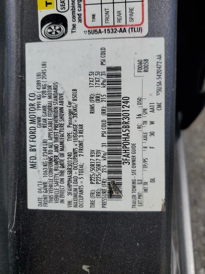 2011 Ford Fusion Se VIN: 3FAHP0HA5BR301240 Lot: 66994064