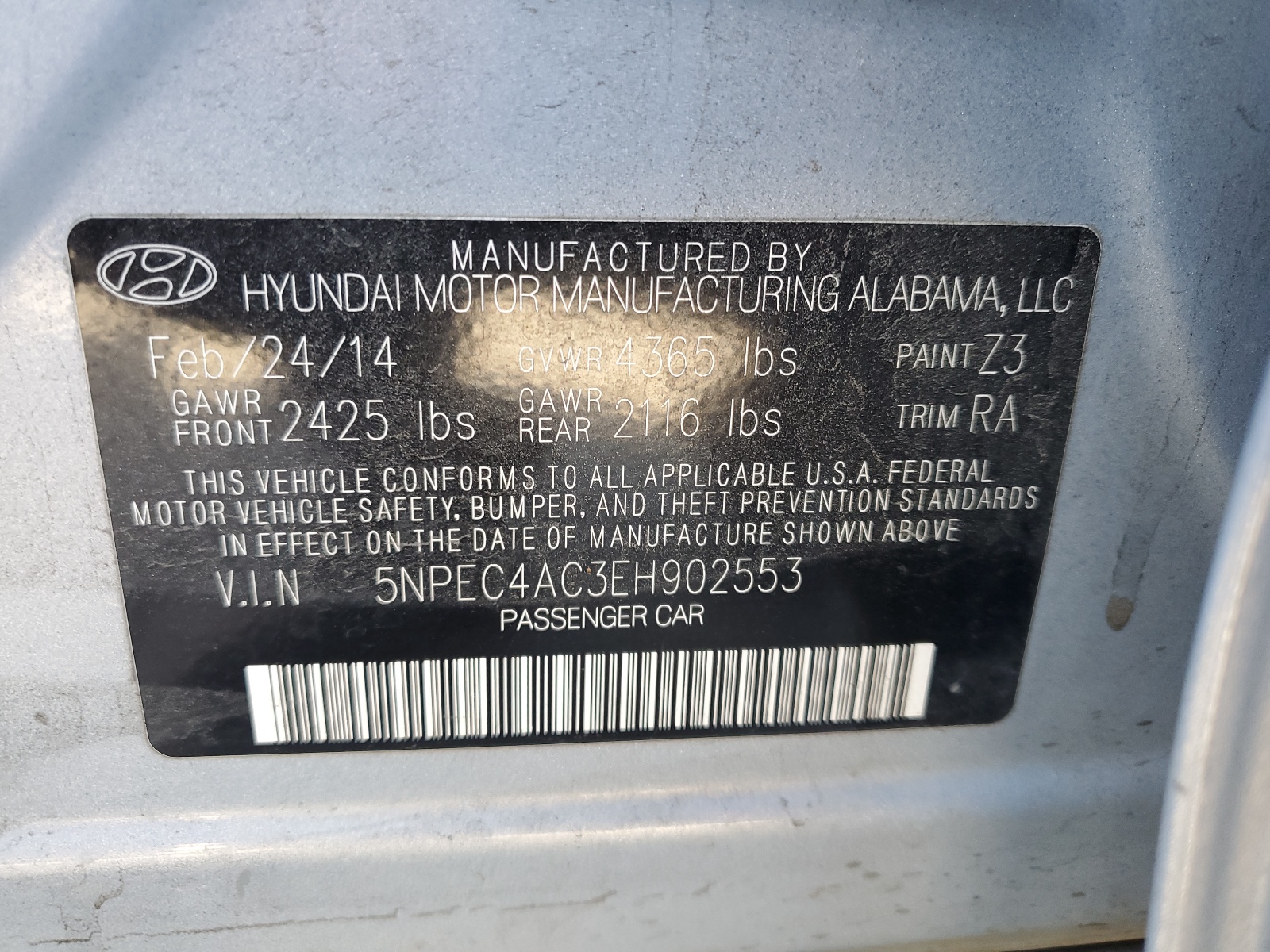 5NPEC4AC3EH902553 2014 Hyundai Sonata Se