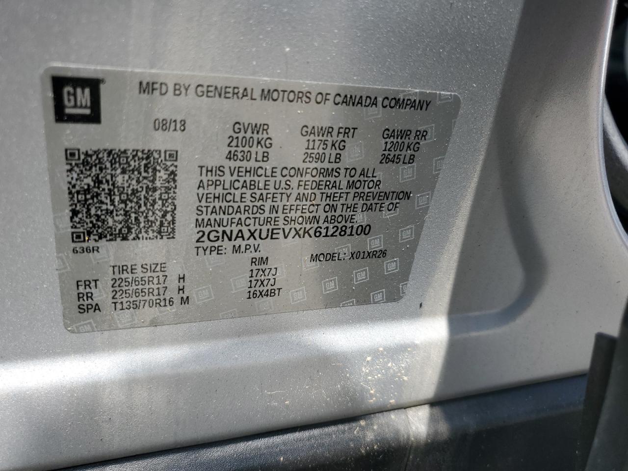 2019 Chevrolet Equinox Lt VIN: 2GNAXUEVXK6128100 Lot: 66765244