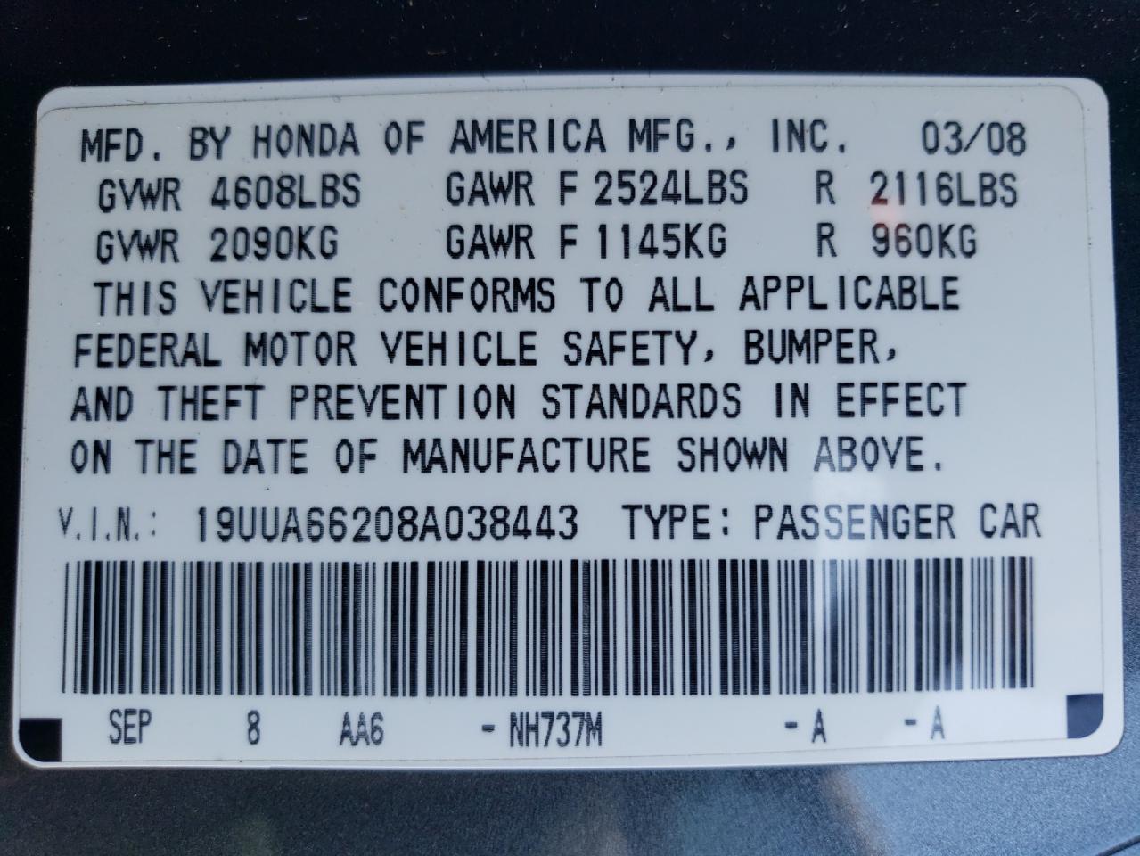 2008 Acura Tl VIN: 19UUA66208A038443 Lot: 67919924