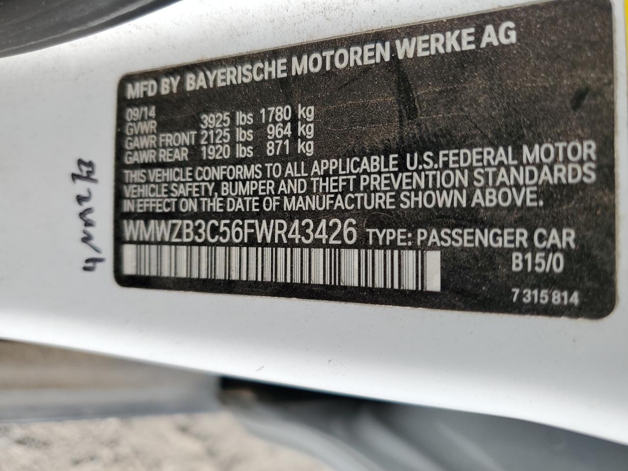 2015 Mini Cooper Countryman VIN: WMWZB3C56FWR43426 Lot: 67333594