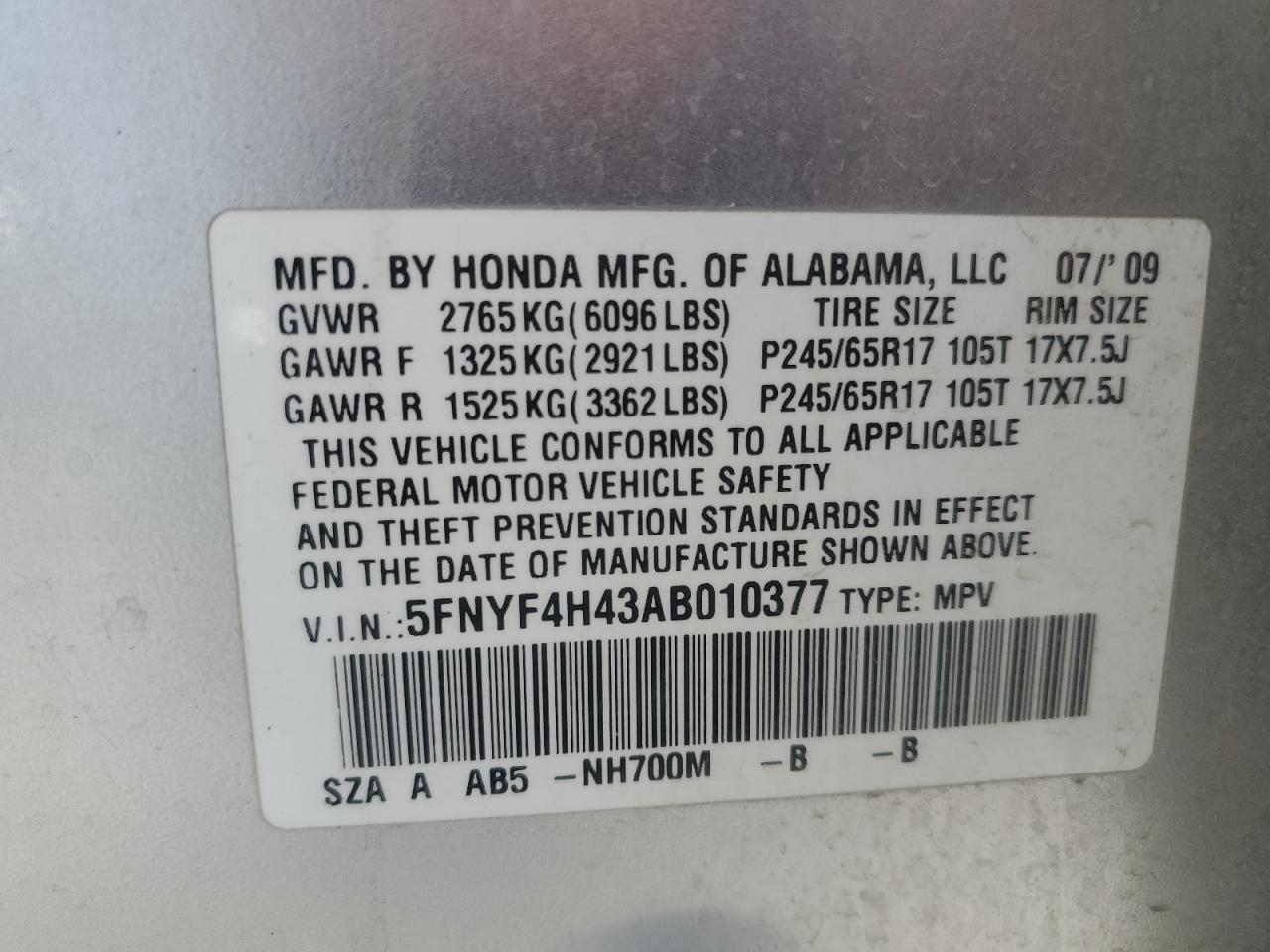 5FNYF4H43AB010377 2010 Honda Pilot Ex