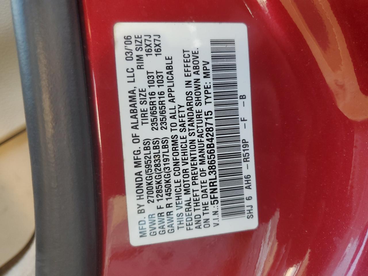 2006 Honda Odyssey Exl VIN: 5FNRL38656B428715 Lot: 67444444