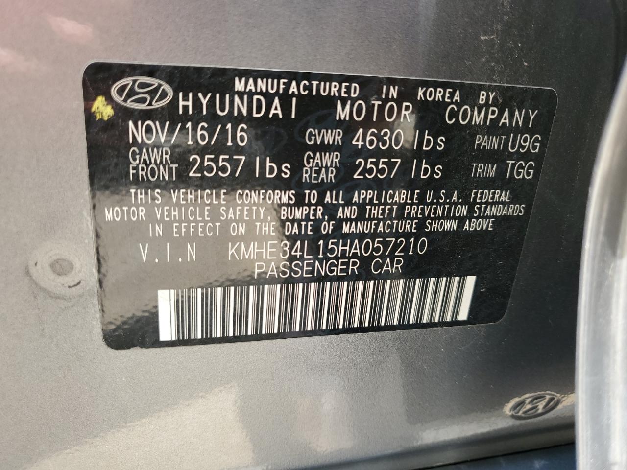 2017 Hyundai Sonata Hybrid VIN: KMHE34L15HA057210 Lot: 67603224