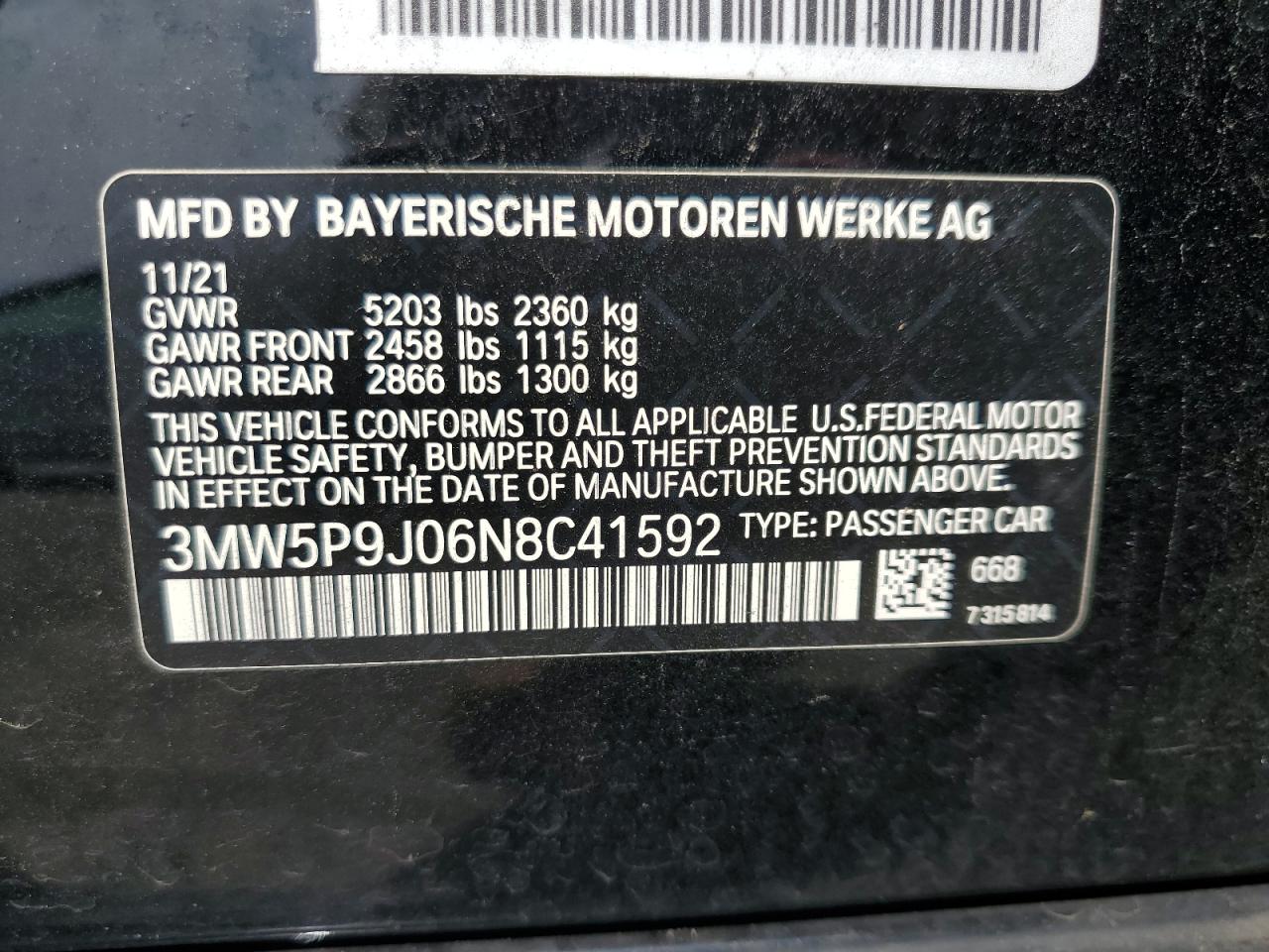 2022 BMW 330Xe VIN: 3MW5P9J06N8C41592 Lot: 68037554