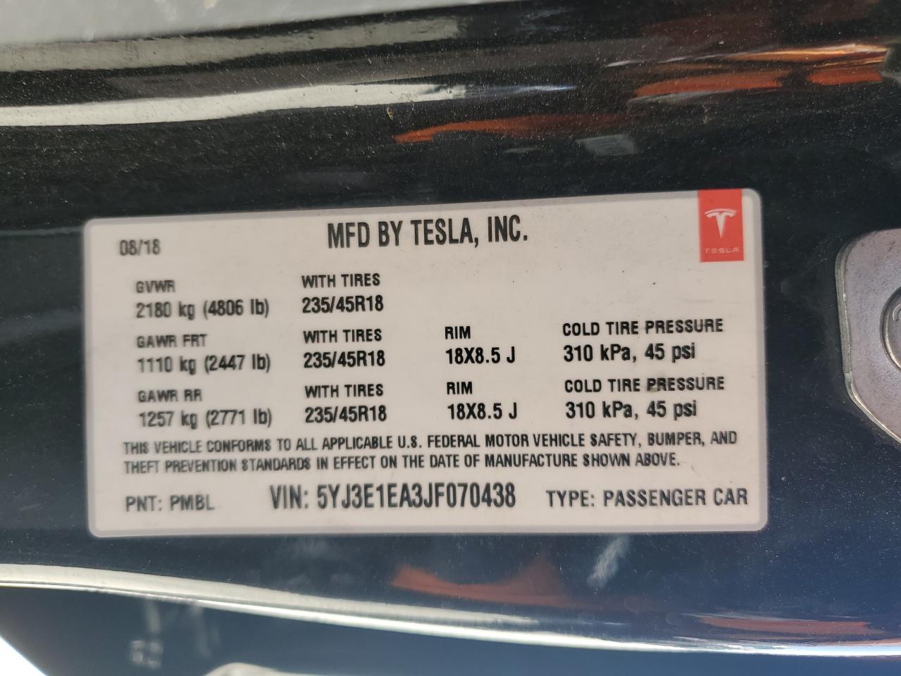 5YJ3E1EA3JF070438 2018 Tesla Model 3