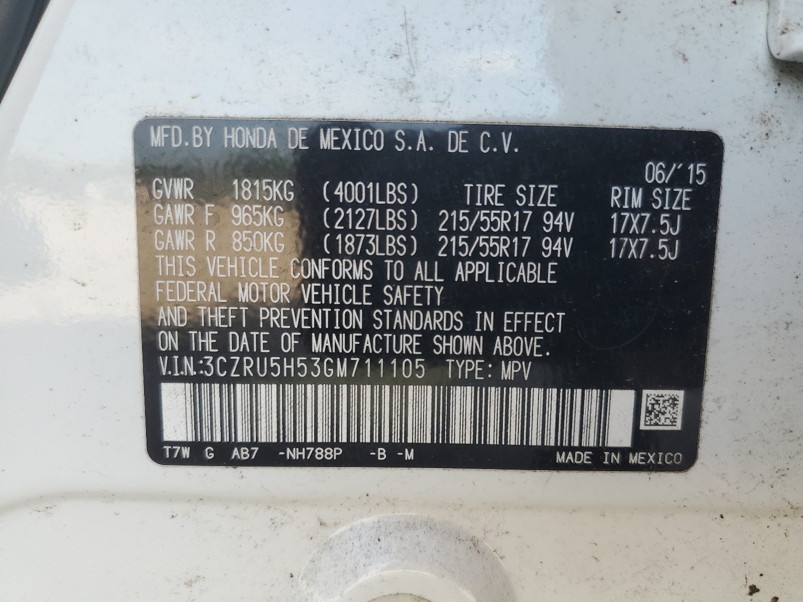 3CZRU5H53GM711105 2016 Honda Hr-V Ex