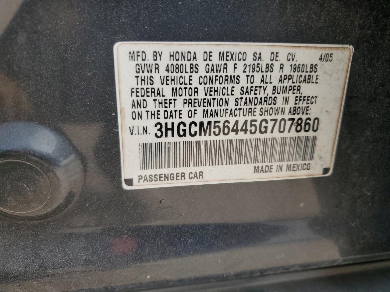 2005 Honda Accord Lx VIN: 3HGCM56445G707860 Lot: 67665914