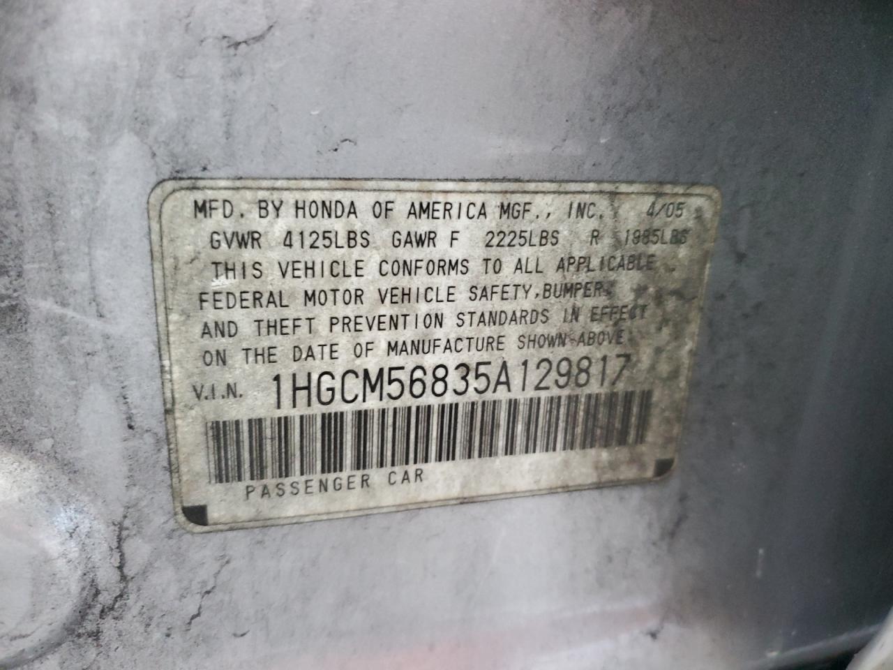 2005 Honda Accord Ex VIN: 1HGCM56835A129817 Lot: 66925714
