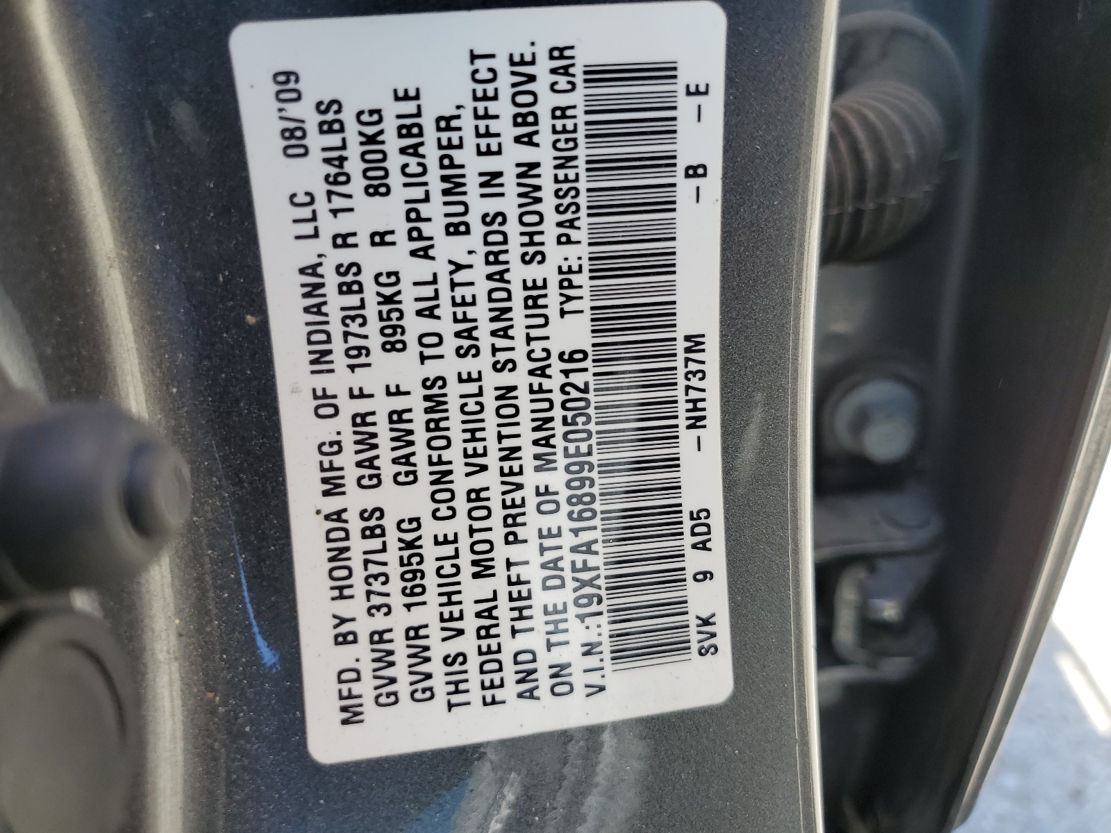 19XFA16899E050216 2009 Honda Civic Ex