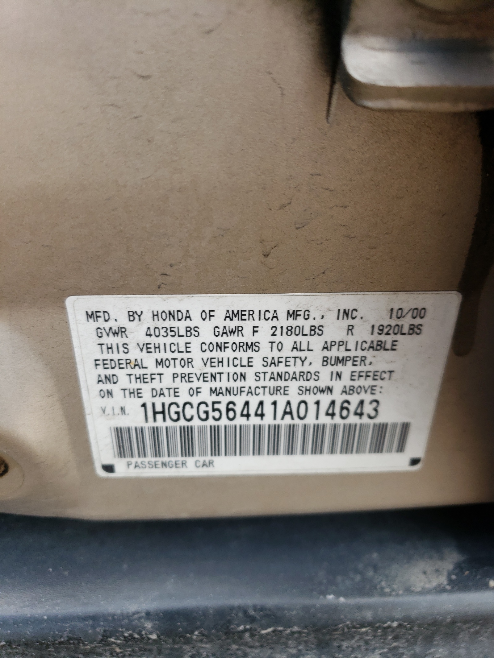 1HGCG56441A014643 2001 Honda Accord Lx