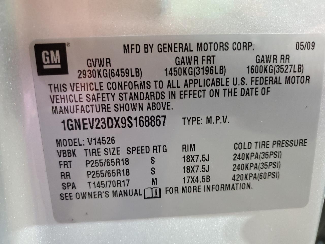 2009 Chevrolet Traverse Lt VIN: 1GNEV23DX9S168867 Lot: 67763824