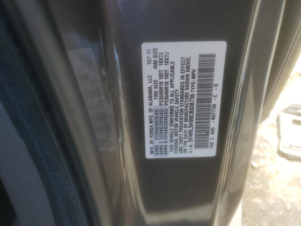 5FNRL5H90CB038736 2012 Honda Odyssey Touring