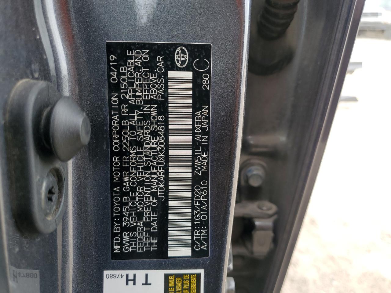 2019 Toyota Prius VIN: JTDKARFUXK3084818 Lot: 69401894