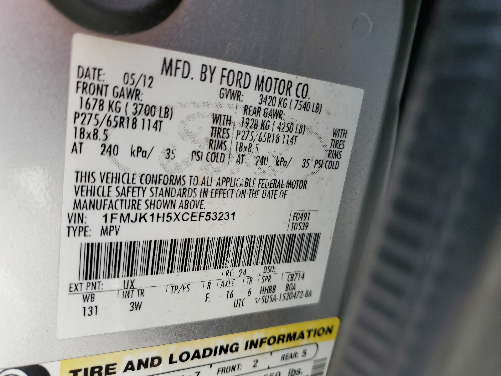 1FMJK1H5XCEF53231 2012 Ford Expedition El Xlt