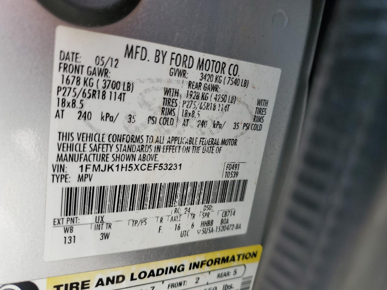 2012 Ford Expedition El Xlt VIN: 1FMJK1H5XCEF53231 Lot: 67023884