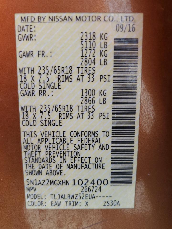 2017 Nissan Murano S VIN: 5N1AZ2MGXHN102400 Lot: 67943384