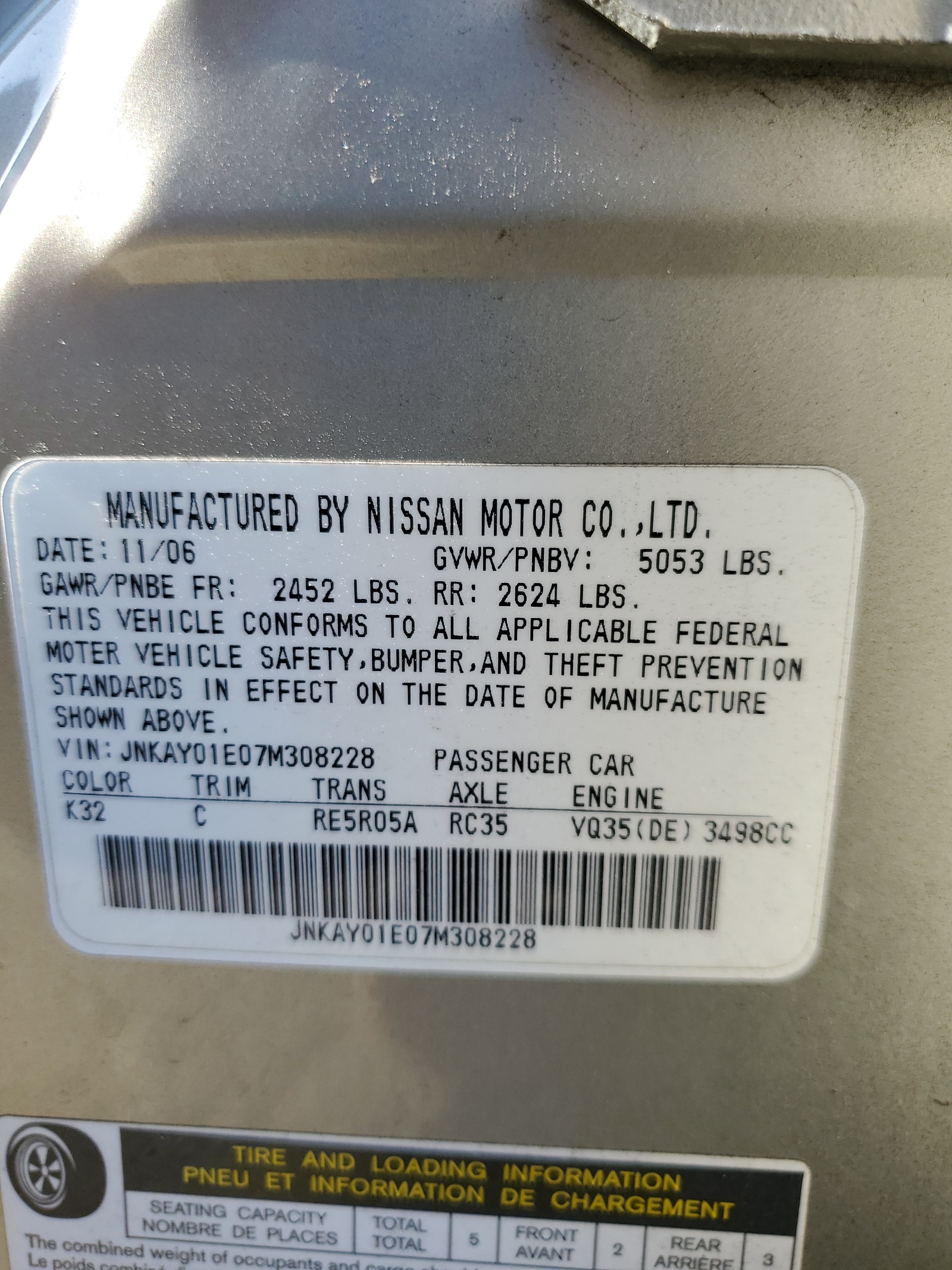 JNKAY01E07M308228 2007 Infiniti M35 Base