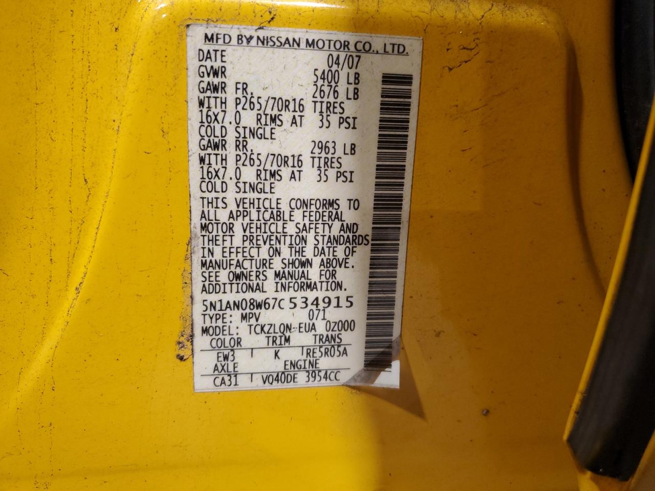 2007 Nissan Xterra Off Road VIN: 5N1AN08W67C534915 Lot: 64838164