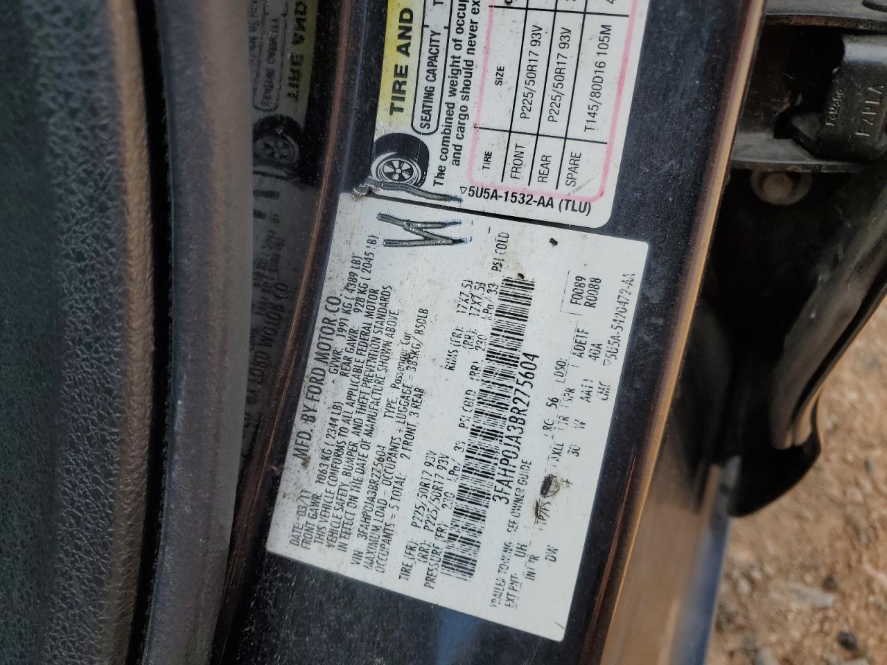 2011 Ford Fusion Sel VIN: 3FAHP0JA3BR275604 Lot: 68162844