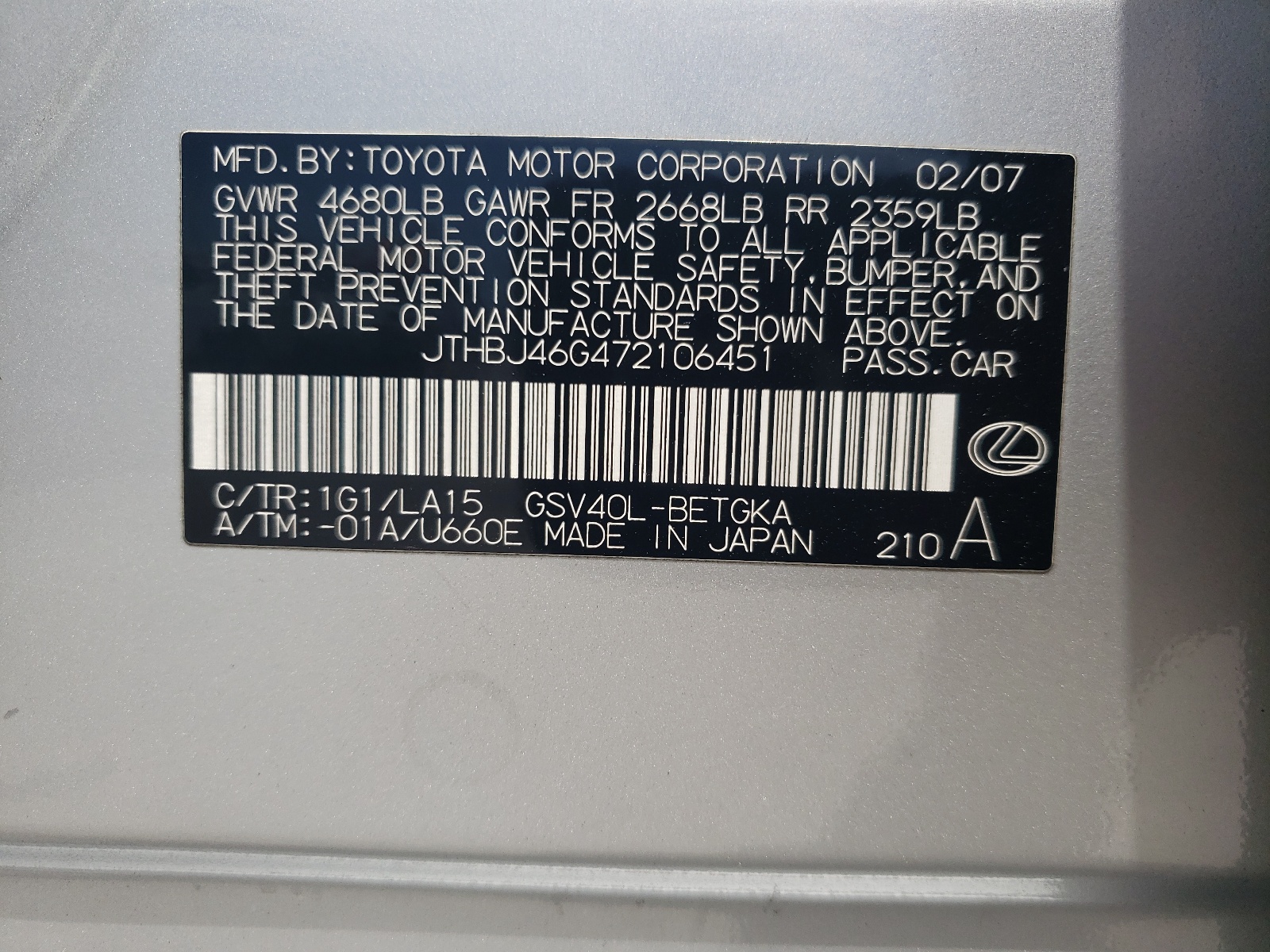 JTHBJ46G472106451 2007 Lexus Es 350