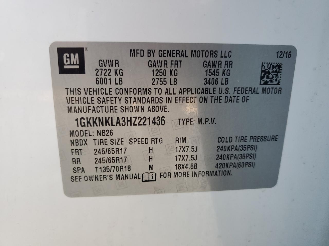 1GKKNKLA3HZ221436 2017 GMC Acadia Sle