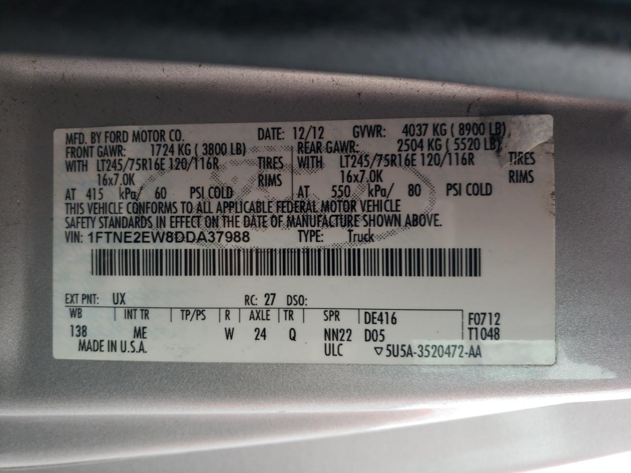 2013 Ford Econoline E250 Van VIN: 1FTNE2EW8DDA37988 Lot: 65818724