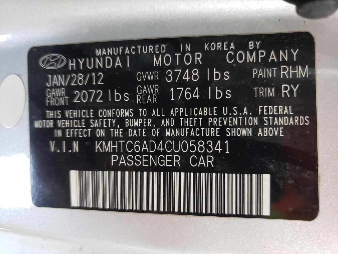 2012 Hyundai Veloster VIN: KMHTC6AD4CU058341 Lot: 69108484