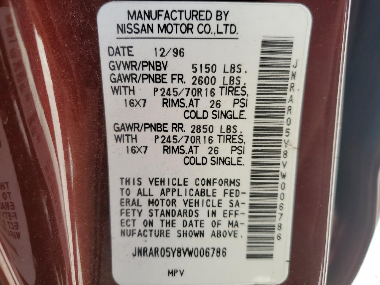 1997 Infiniti Qx4 VIN: JNRAR05Y8VW006786 Lot: 67199424